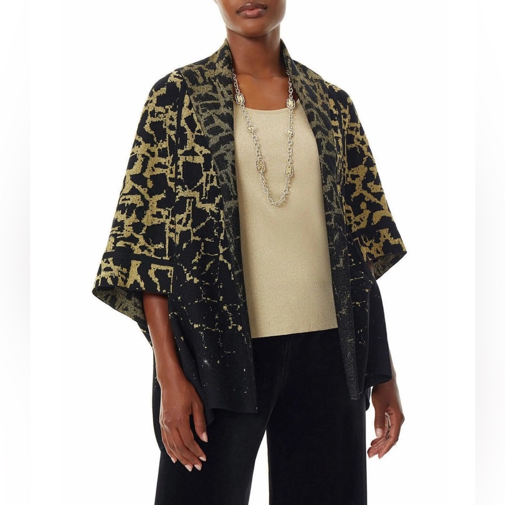 Ming Wang AbstractPrint Metallic Jacquard Knit Shawl Collar Kimono Sleeve Jacket